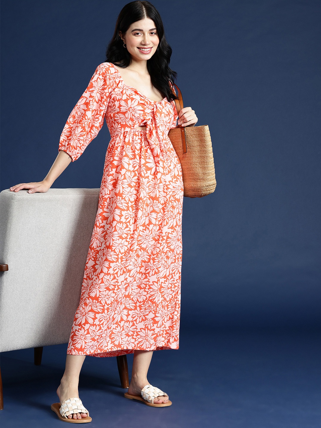

Mast & Harbour Front Knot Floral Print A-Line Midi Dress, Peach