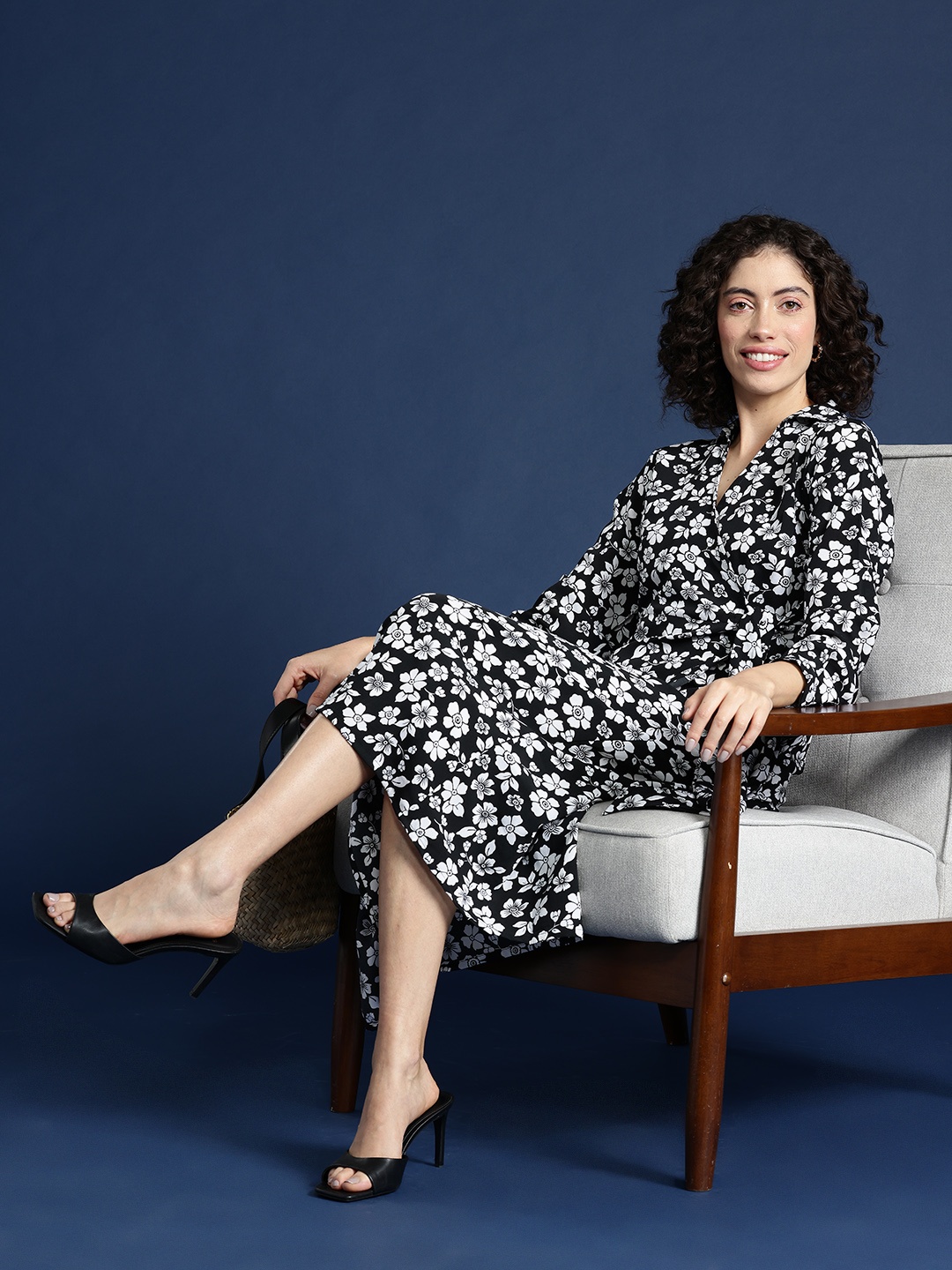 

Mast & Harbour Floral Print Midi Wrap Dress, Black