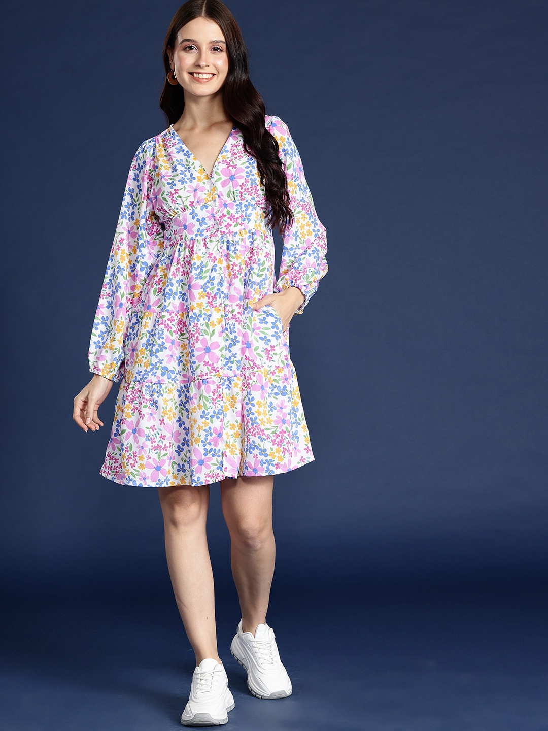 

Mast & Harbour Floral Print Empire Tiered Dress, White