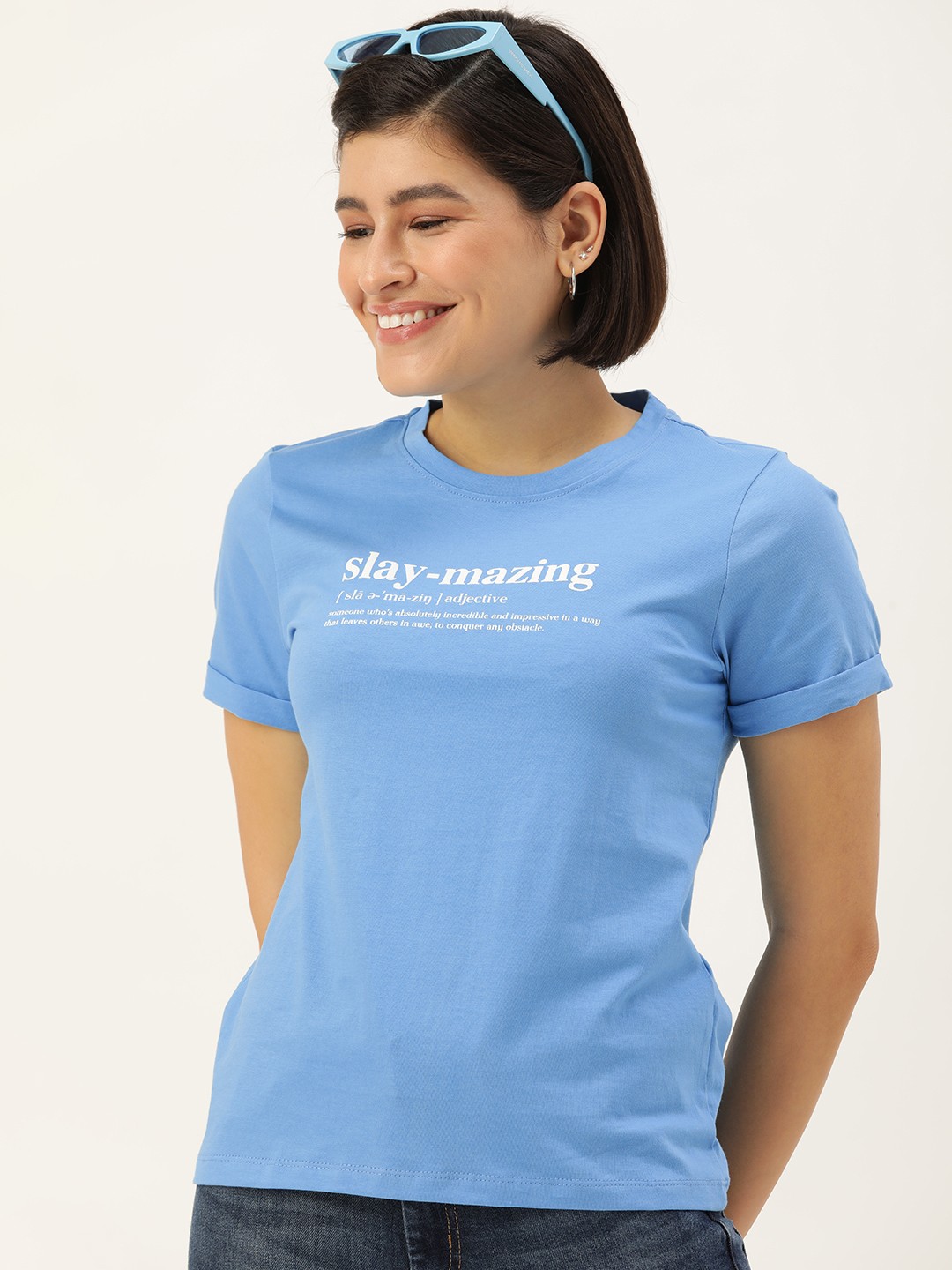 

Mast & Harbour Pure Cotton Typography Printed Casual T-shirt, Blue