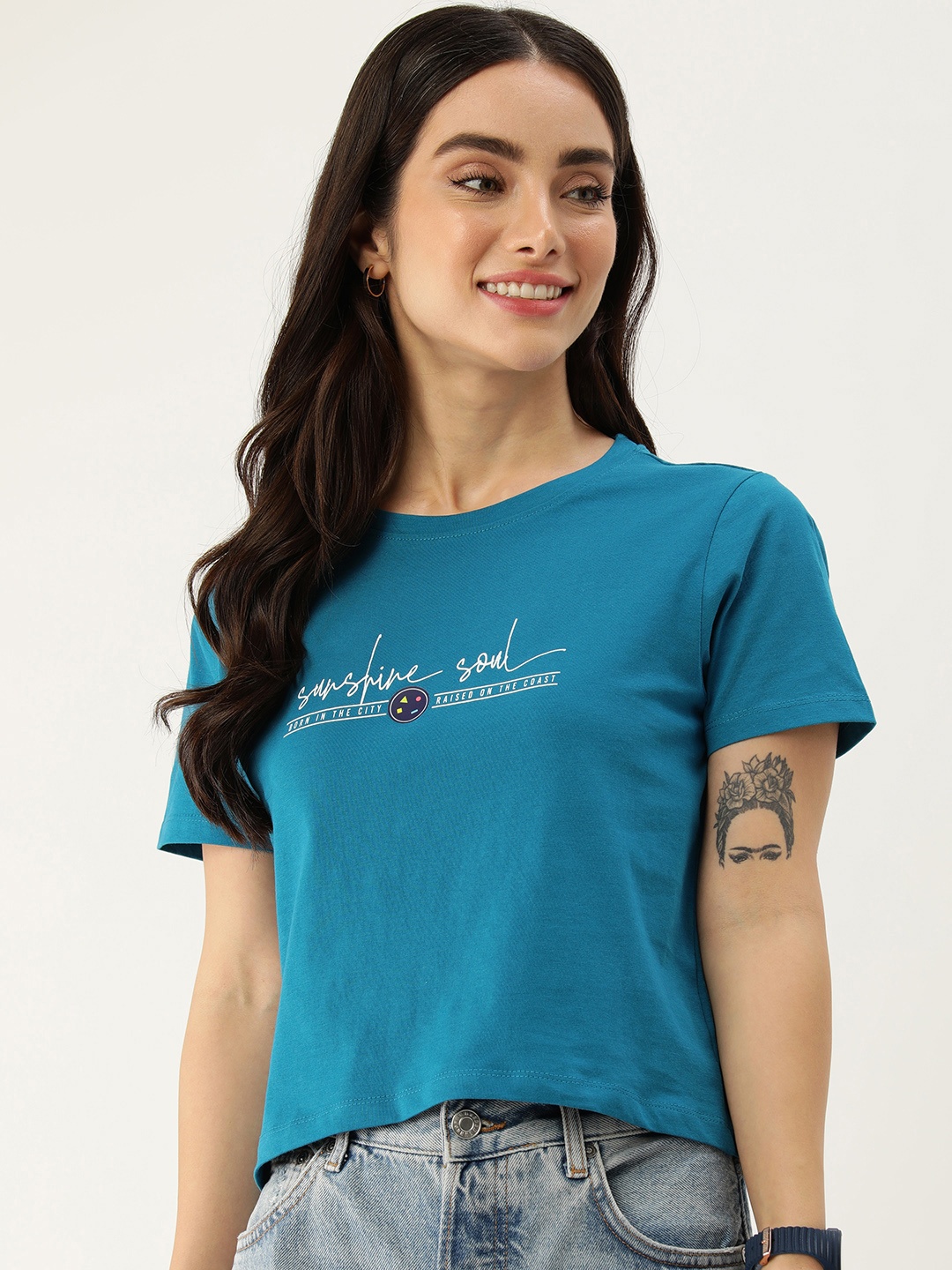 

Mast & Harbour Pure Cotton Typography Printed Casual T-shirt, Teal