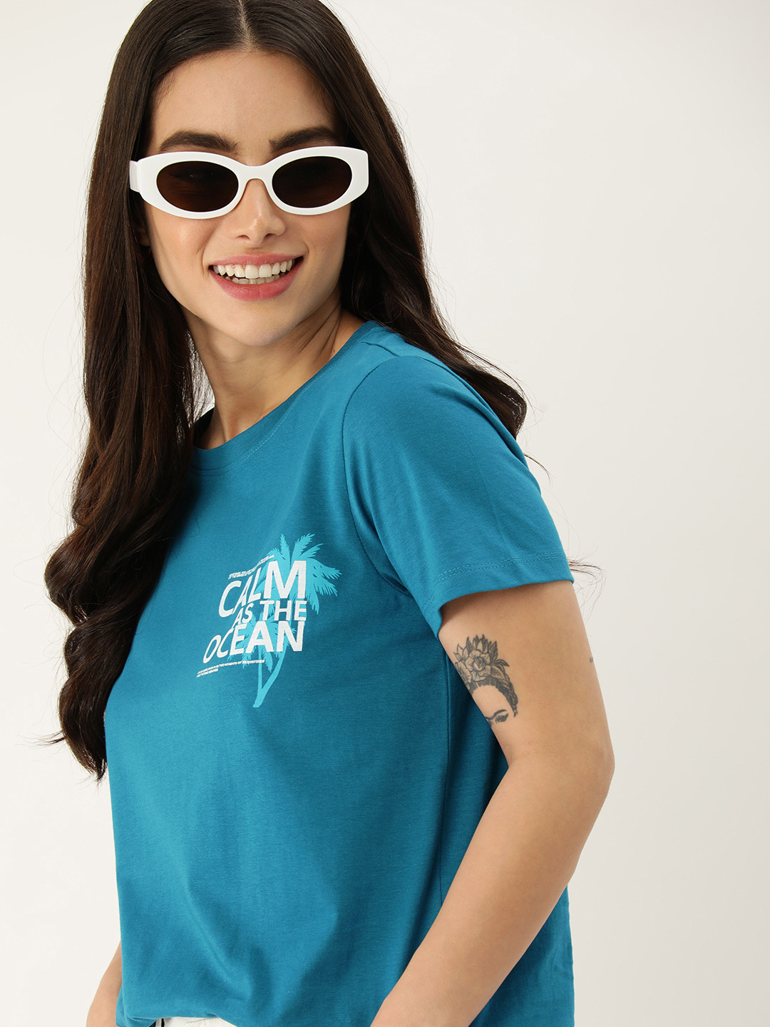 

Mast & Harbour Pure Cotton Typography Printed Casual T-shirt, Teal