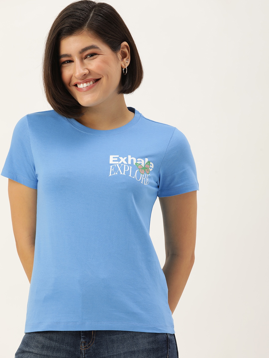 

Mast & Harbour Pure Cotton Typography Printed Casual T-shirt, Blue
