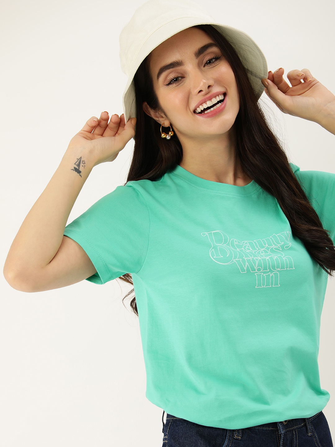

Mast & Harbour Pure Cotton Typography Printed Casual T-shirt, Green