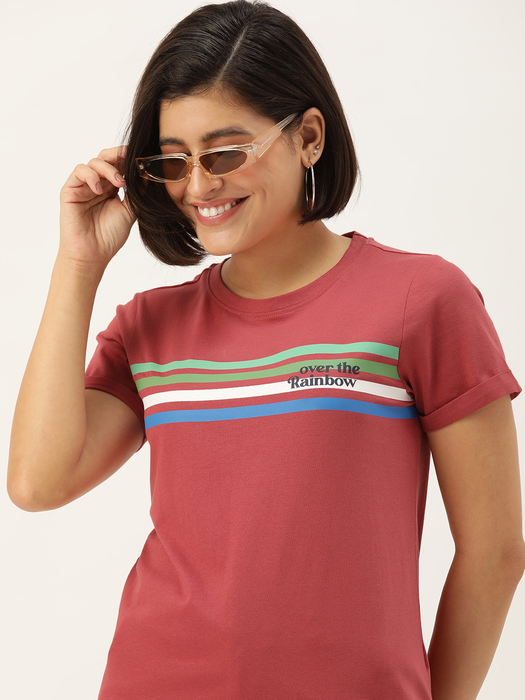 

Mast & Harbour Pure Cotton Striped Printed Casual T-shirt, Rust
