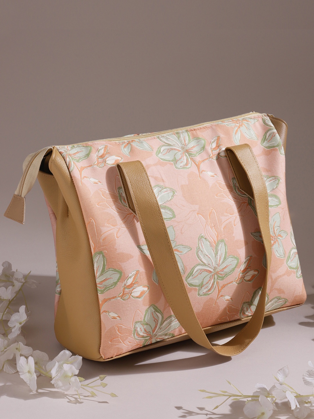 

DEEBACO Floral Printed Structured Cotton Shoulder Bag, Peach