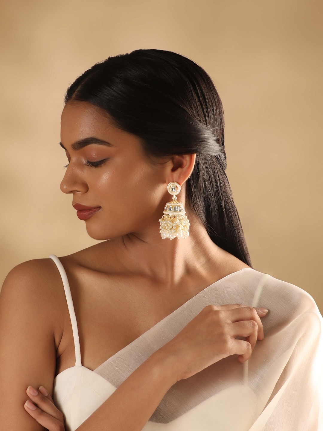 

Rubans Gold-Toned Kundan Contemporary Hoop Earrings