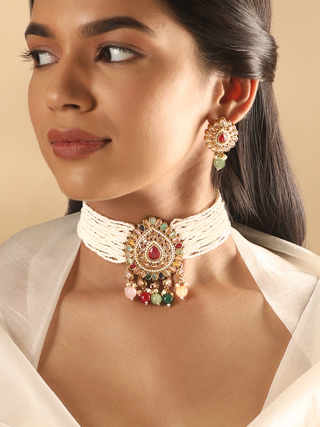 

Rubans 24K Gold Plated Multicolor Kundan Studded White Beaded Ethnic Choker Jewellery Set