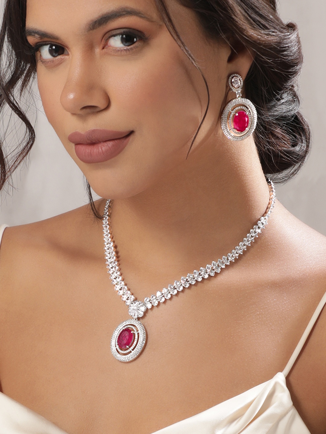 

Rubans Rhodium-Plated CZ-Studded Jewellery Set, Silver