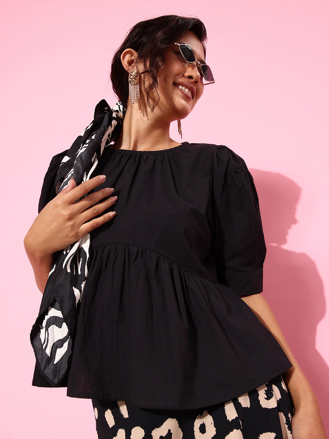 

Mast & Harbour Solid Puff Sleeve Pure Cotton Peplum Top, Black