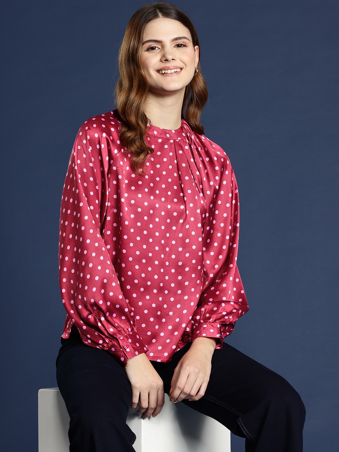 

Mast & Harbour Polka Dot Print Satin-Finish Top, Maroon