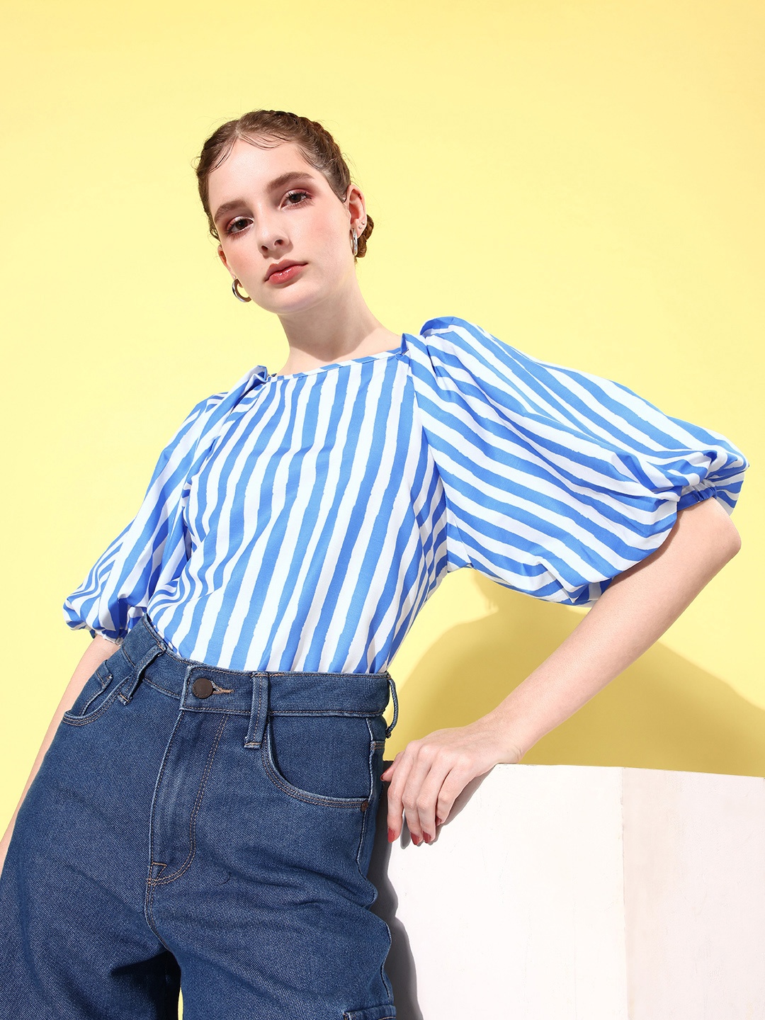 

Mast & Harbour Striped Bishop Sleeves Regular Top, Blue