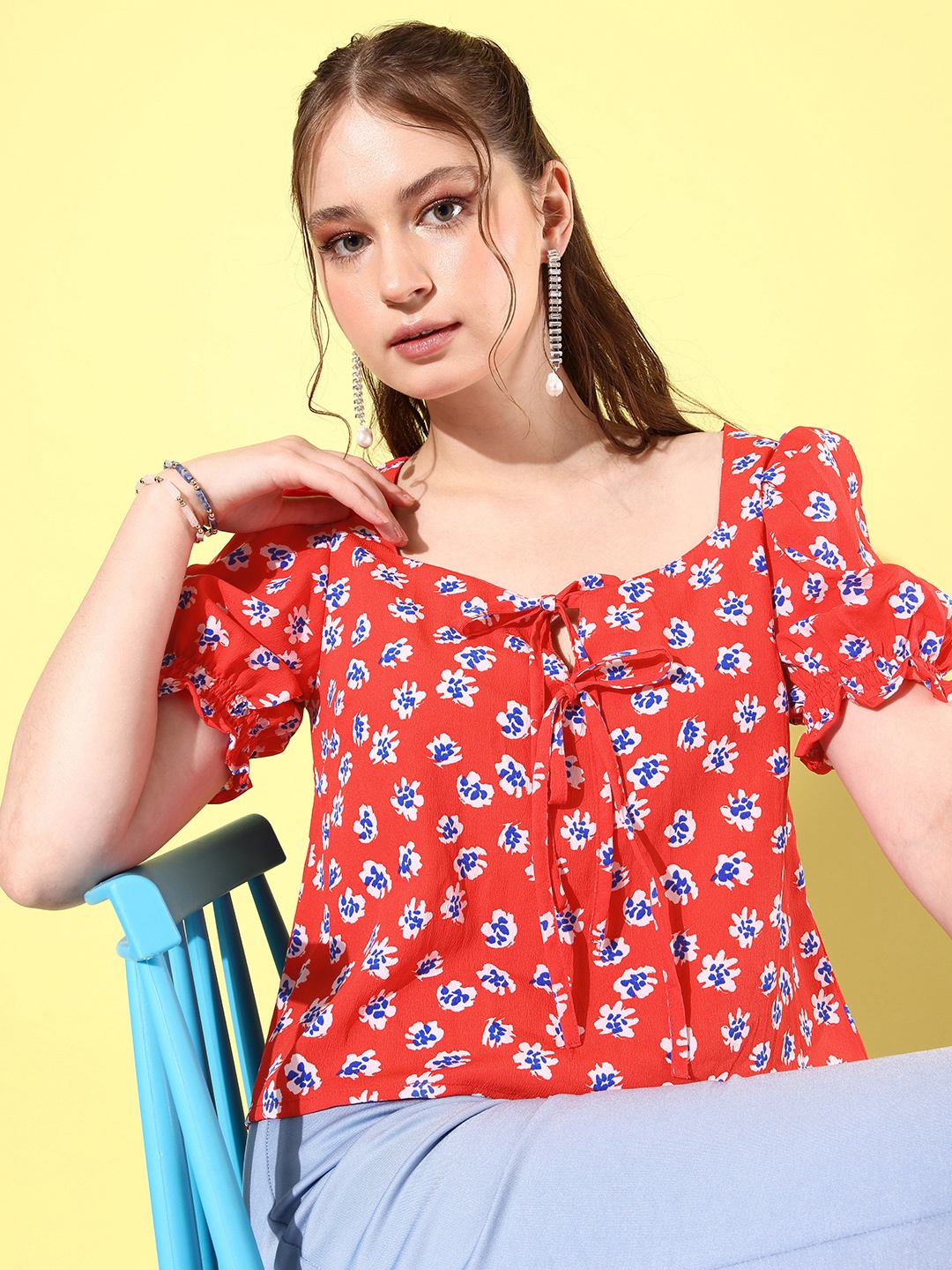 

Mast & Harbour Floral Printed Tie-Up Neck Puff Sleeve Top, Orange