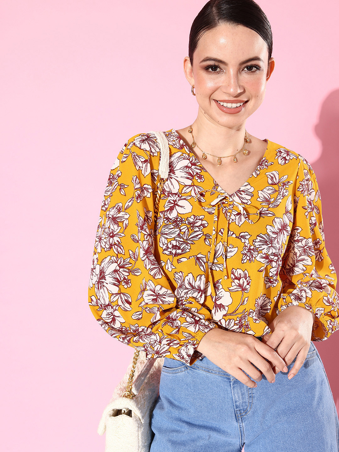 

Mast & Harbour Floral Printed Puff Sleeves Top, Mustard