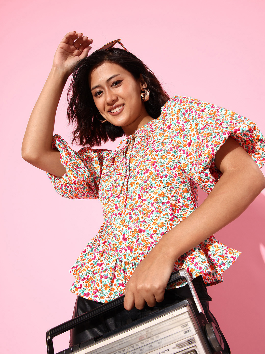 

Mast & Harbour Floral Print Tie-Up Neck Puff Sleeve Peplum Top, Multi