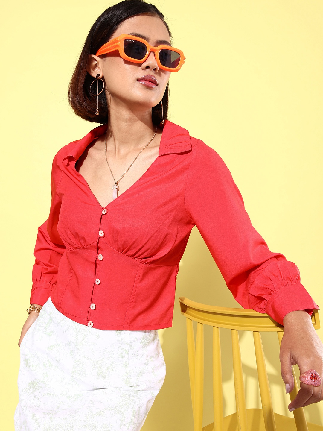 

Mast & Harbour Solid Shirt Collar Long Sleeves Fitted Top, Coral