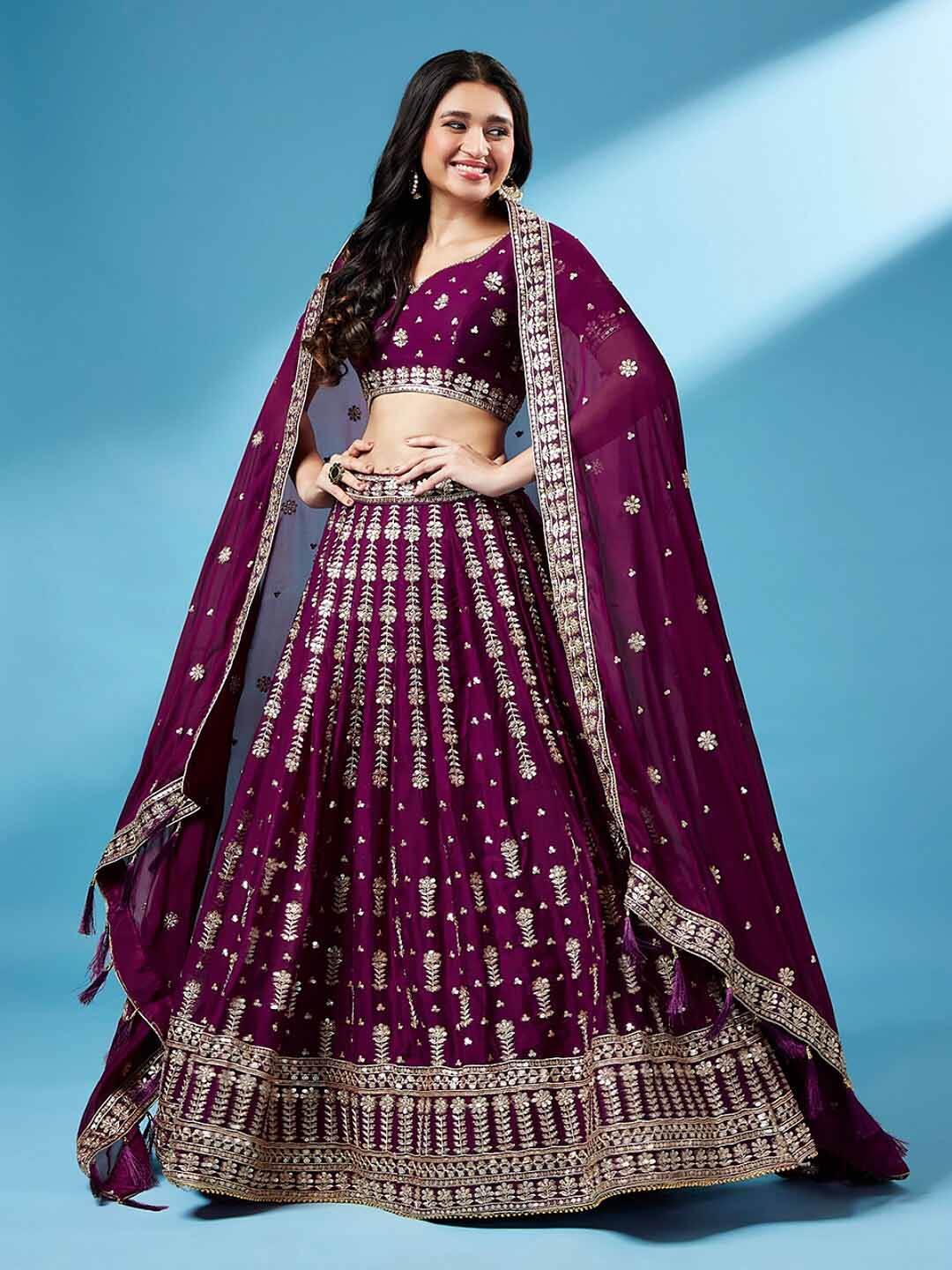 

panchhi Embroidered Sequinned Semi-Stitched Lehenga & Unstitched Blouse With Dupatta, Burgundy