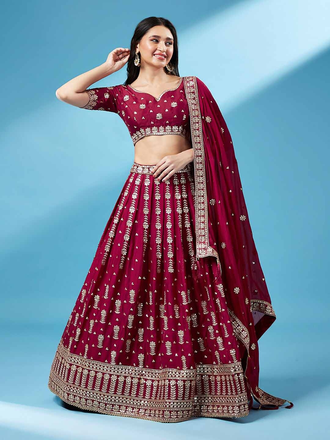 

panchhi Embroidered Sequinned Semi-Stitched Lehenga & Unstitched Blouse With Dupatta, Maroon