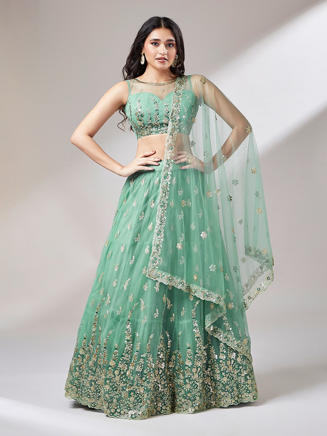 

panchhi Embroidered Sequinned Semi-Stitched Lehenga & Unstitched Blouse With Dupatta, Green