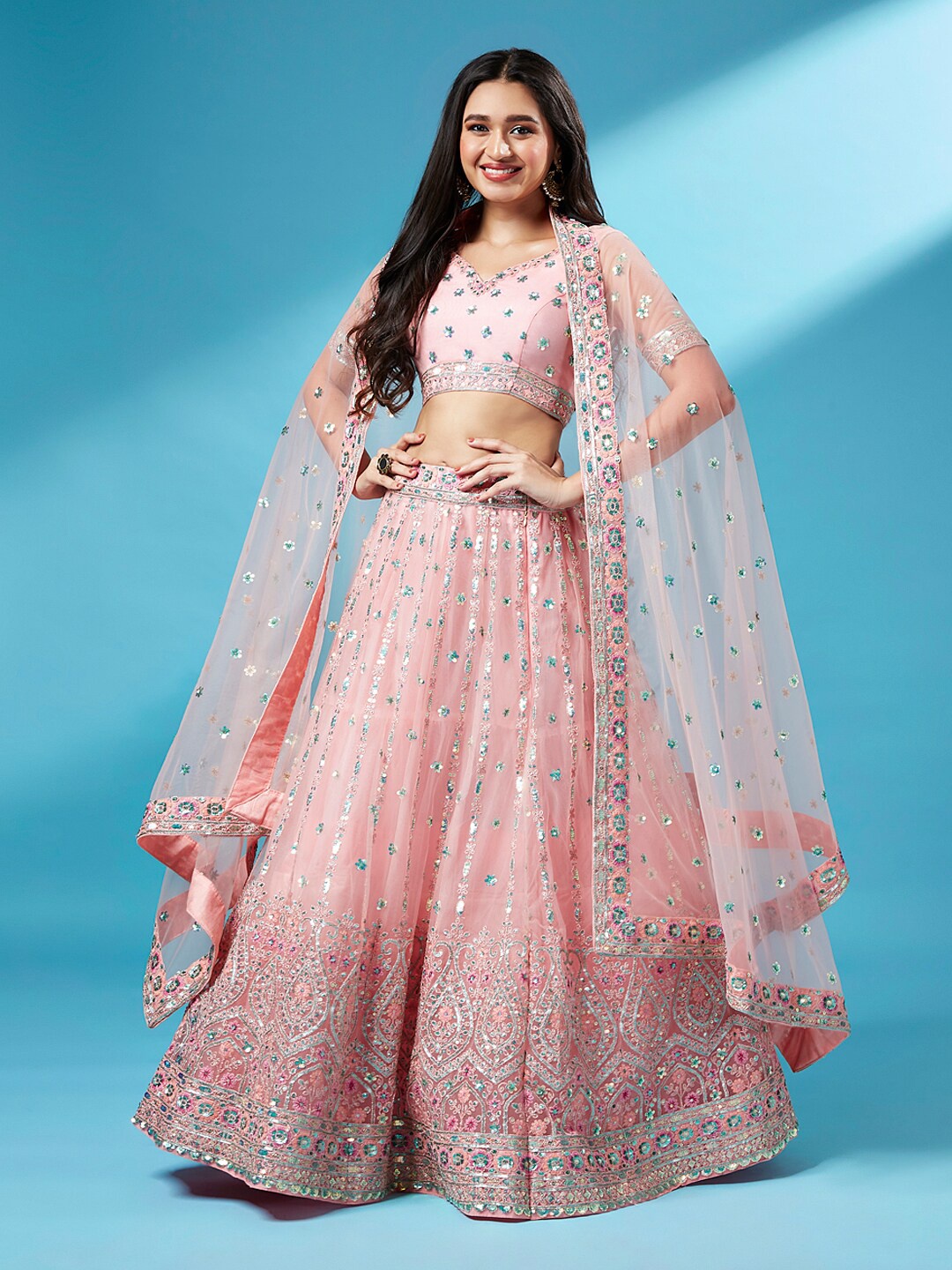 

panchhi Sequin Embroidered Semi-Stitched Lehenga & Unstitched Blouse With Dupatta, Coral