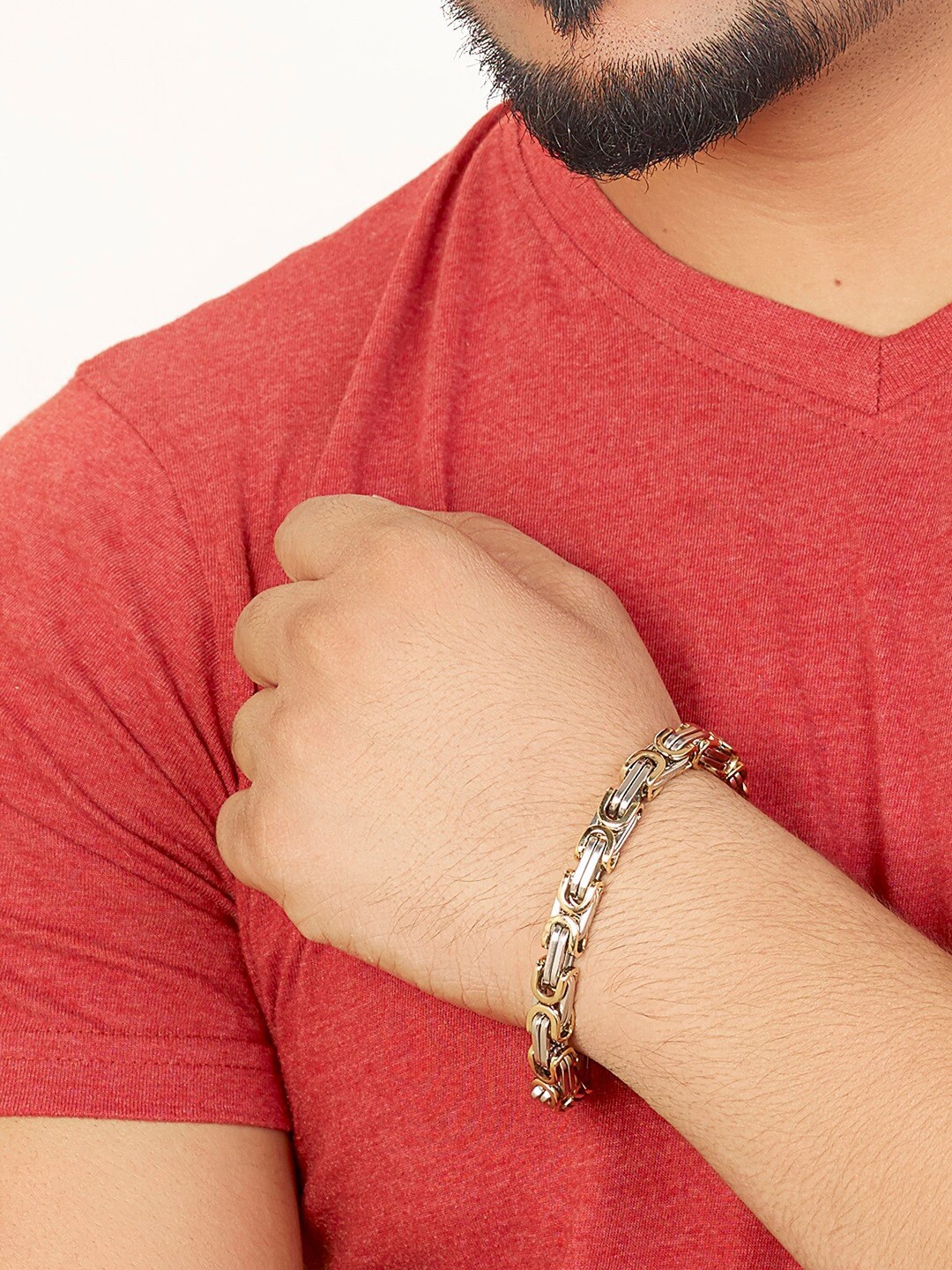 

Peora Men Silver-Toned & Gold-Toned Stainless Steel Link Bracelet