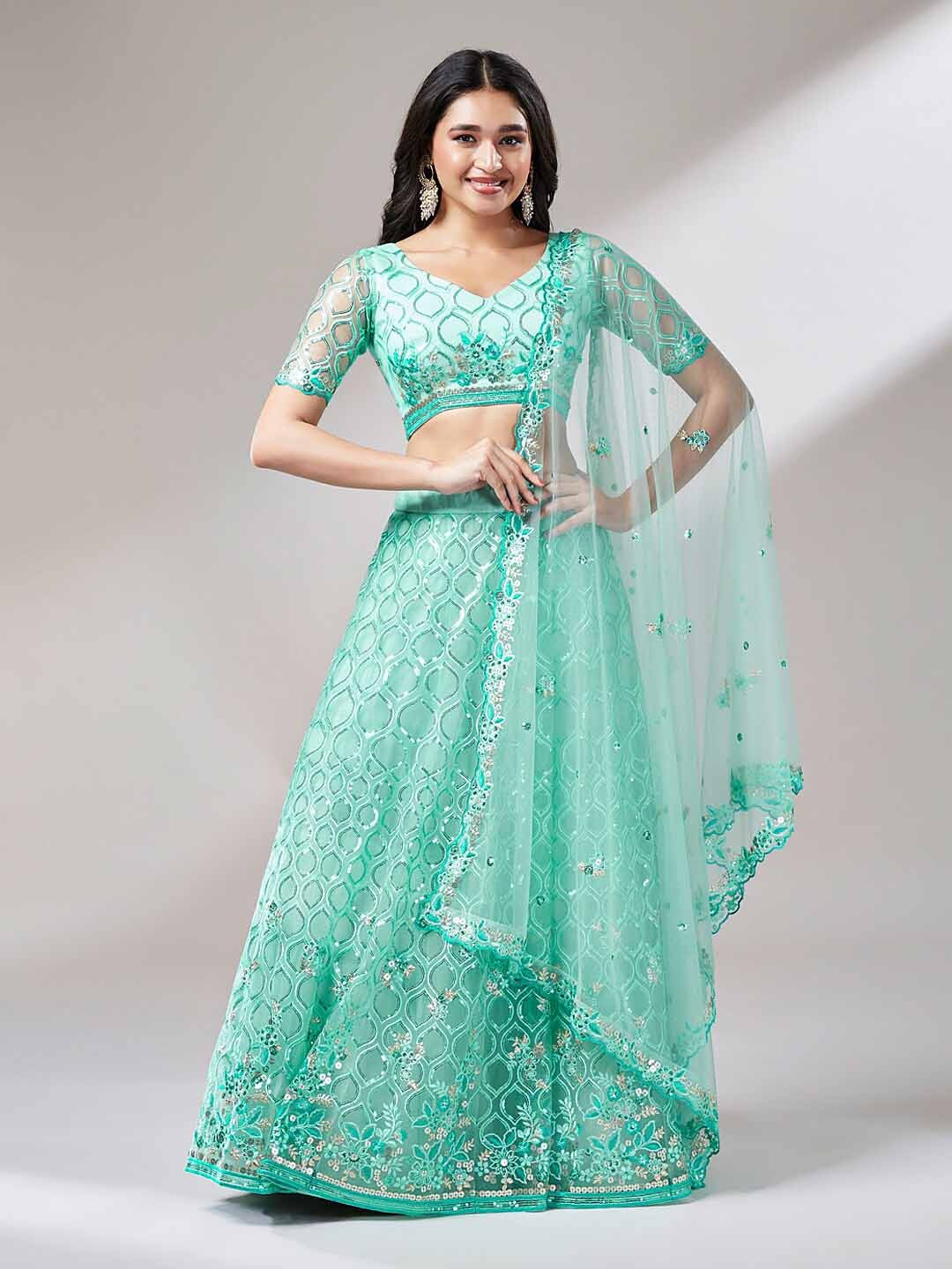 

panchhi Embroidered Sequinned Semi-Stitched Lehenga & Unstitched Blouse With, Turquoise blue