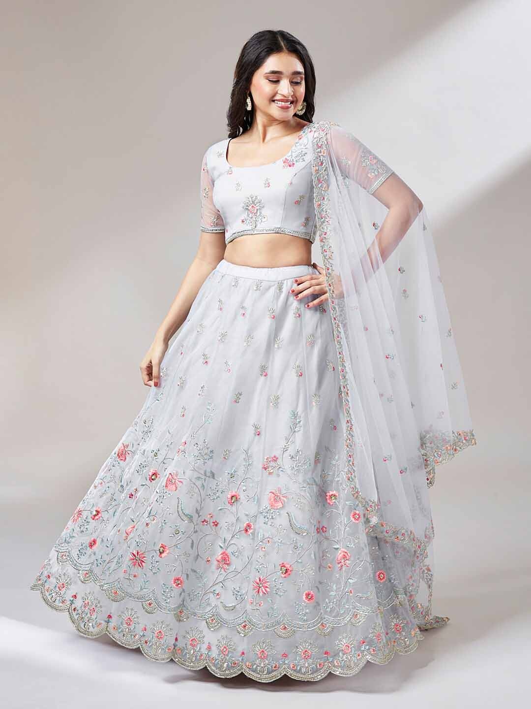 

panchhi Embroidered Sequinned Semi-Stitched Lehenga & Unstitched Blouse With Dupatta, Grey
