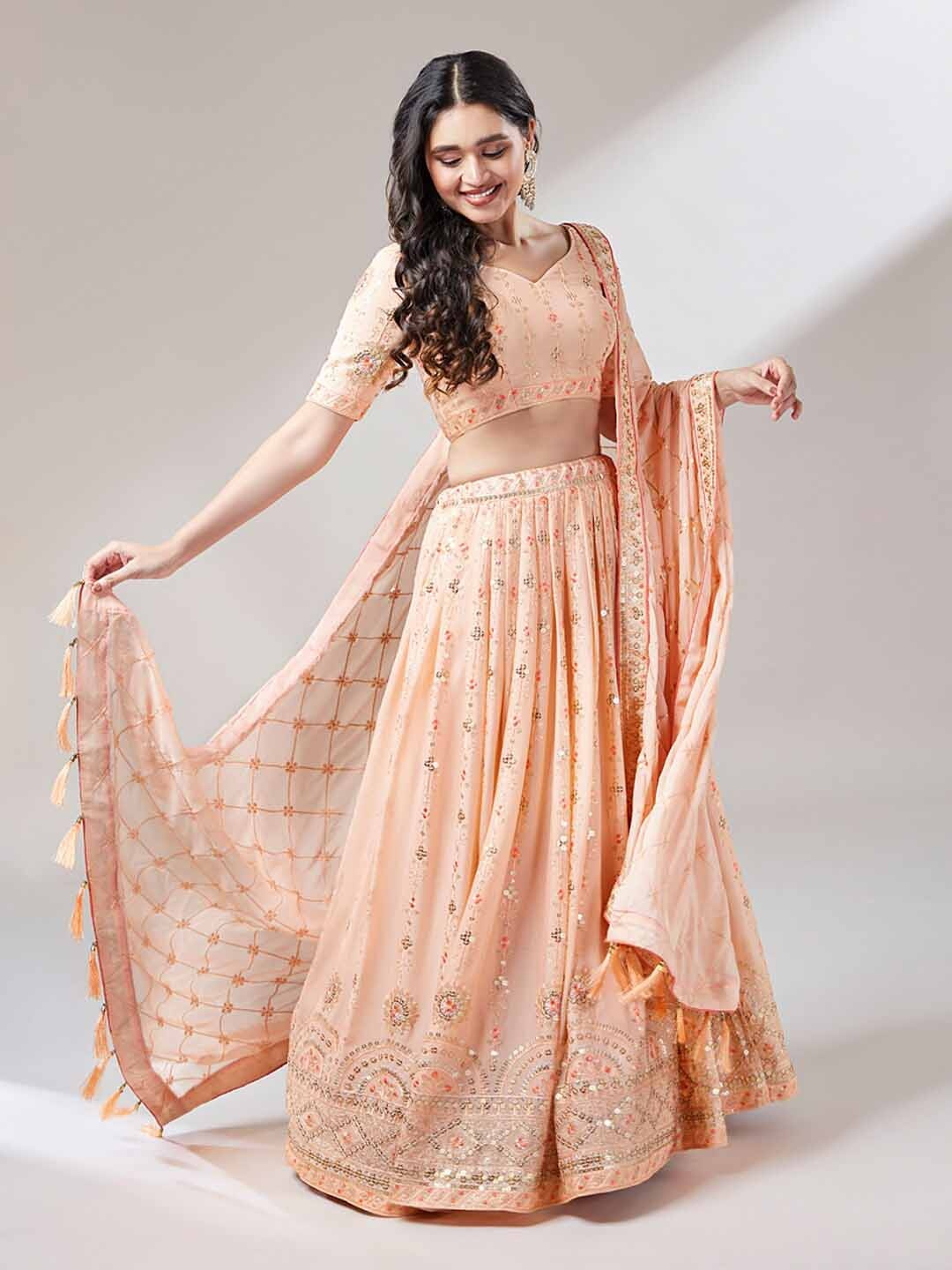 

panchhi Embroidered Sequinned Semi-Stitched Lehenga & Unstitched Blouse With, Peach