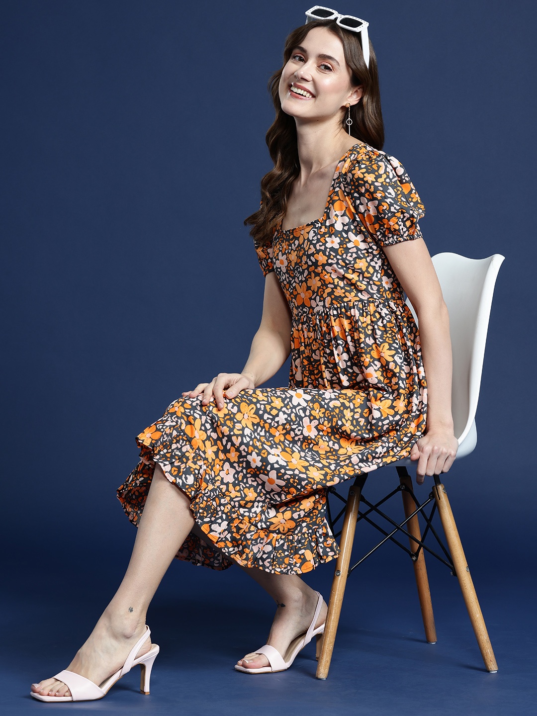 

Mast & Harbour Floral Print Puff Sleeve A-Line Midi Dress, Black