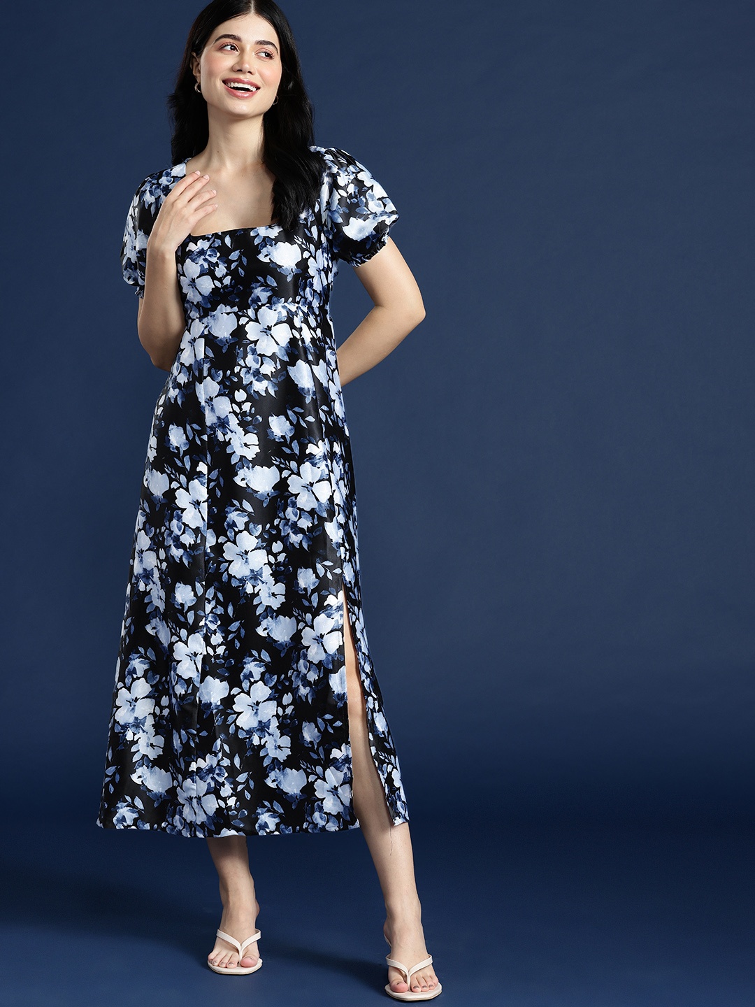 

Mast & Harbour Floral Print Side Slit A-Line Midi Dress, Black