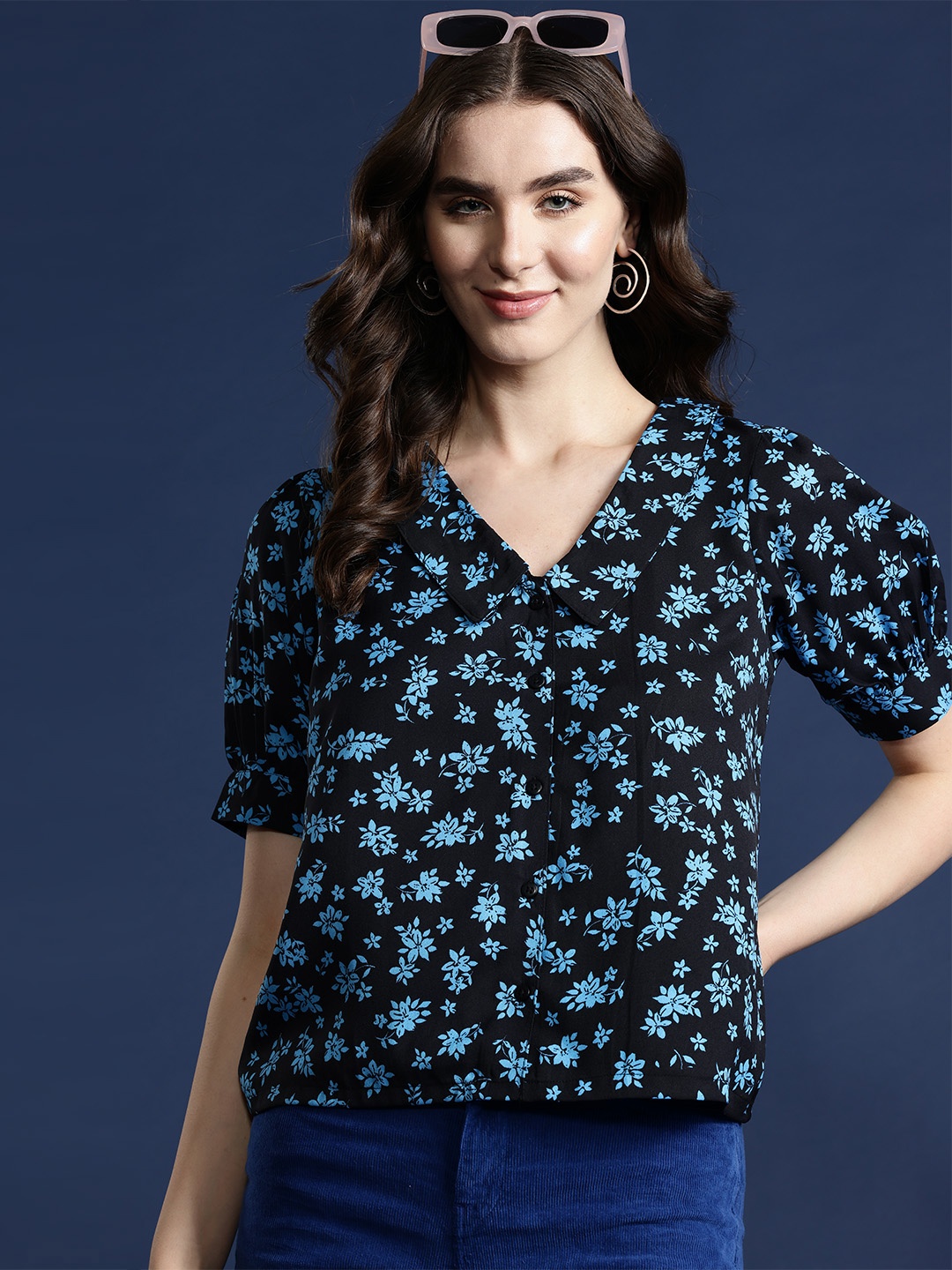 

Mast & Harbour Floral Print Shirt Style Top, Black