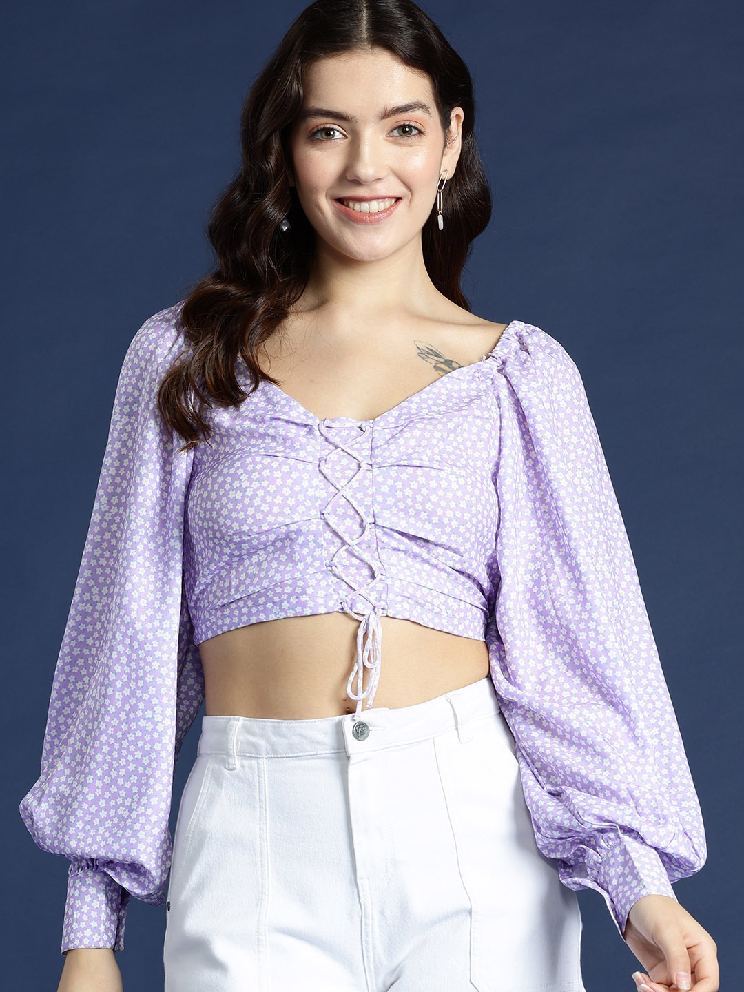 

Mast & Harbour Floral Print Lace-Up Smocked Back Crop Top, Lavender