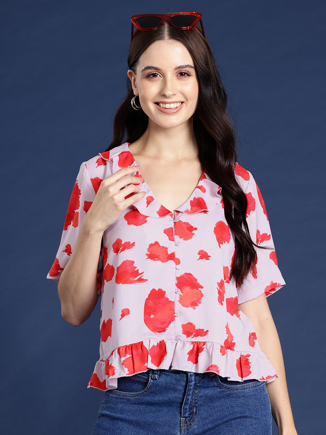 

Mast & Harbour Printed Ruffled Top, Pink