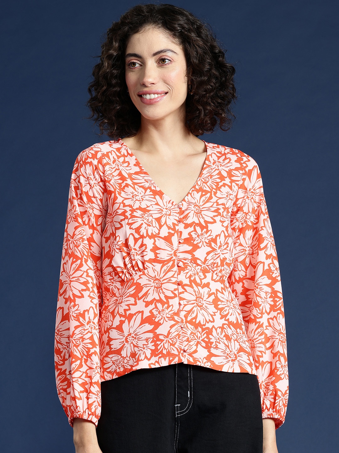 

Mast & Harbour Floral Print Puff Sleeves Empire Top, Orange
