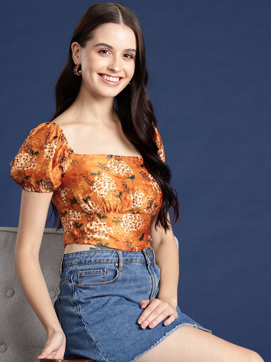 

Mast & Harbour Floral Print Satin Empire Crop Top, Orange