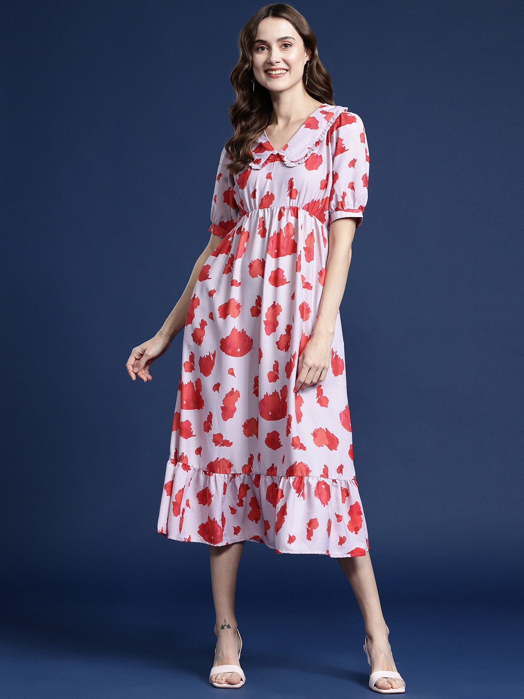 

Mast & Harbour Printed Peter Pan Collar Puff Sleeve A-Line Midi Dress, Rose