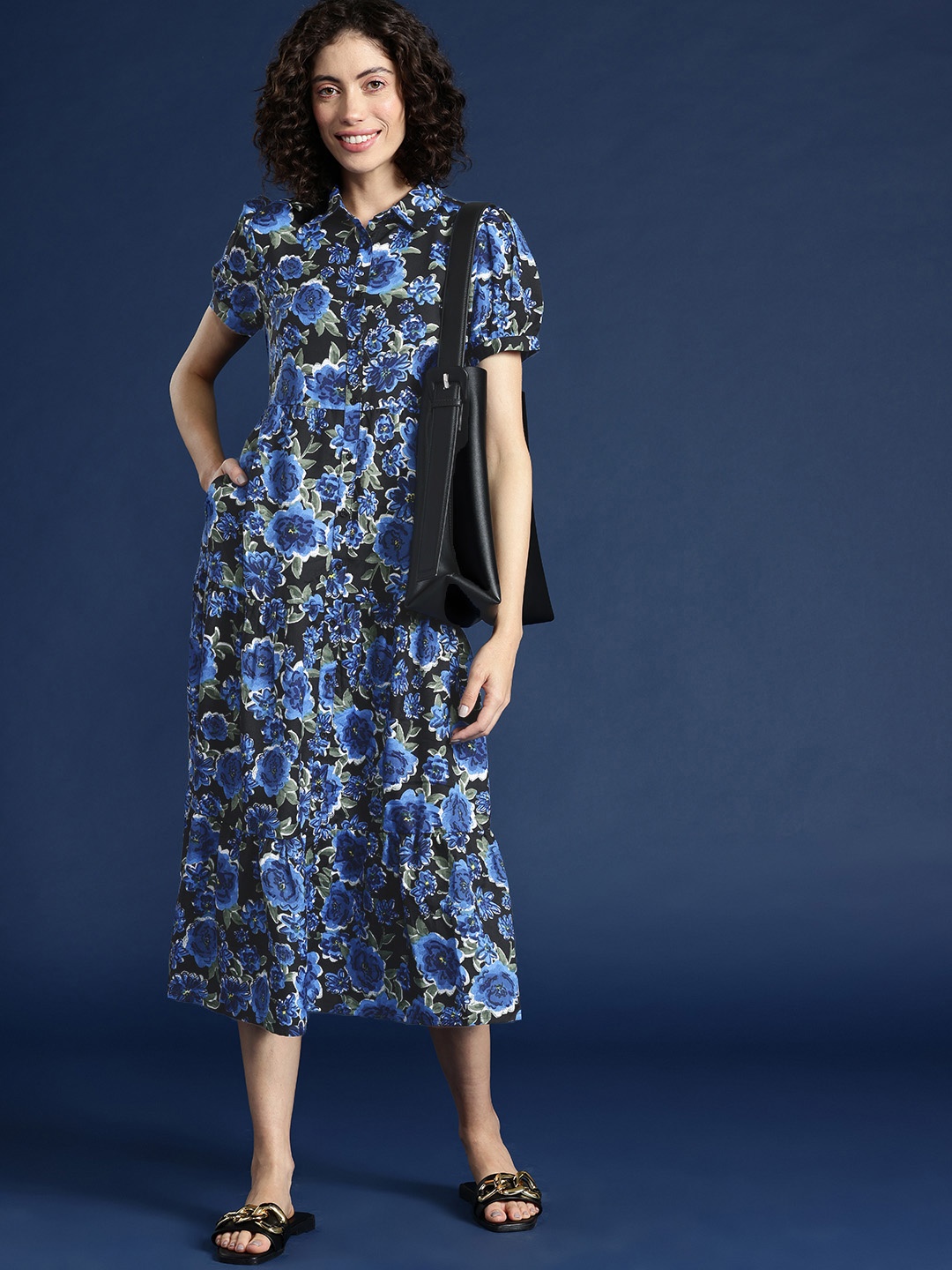 

Mast & Harbour Floral Print Puff Sleeves Shirt Midi Dress, Blue