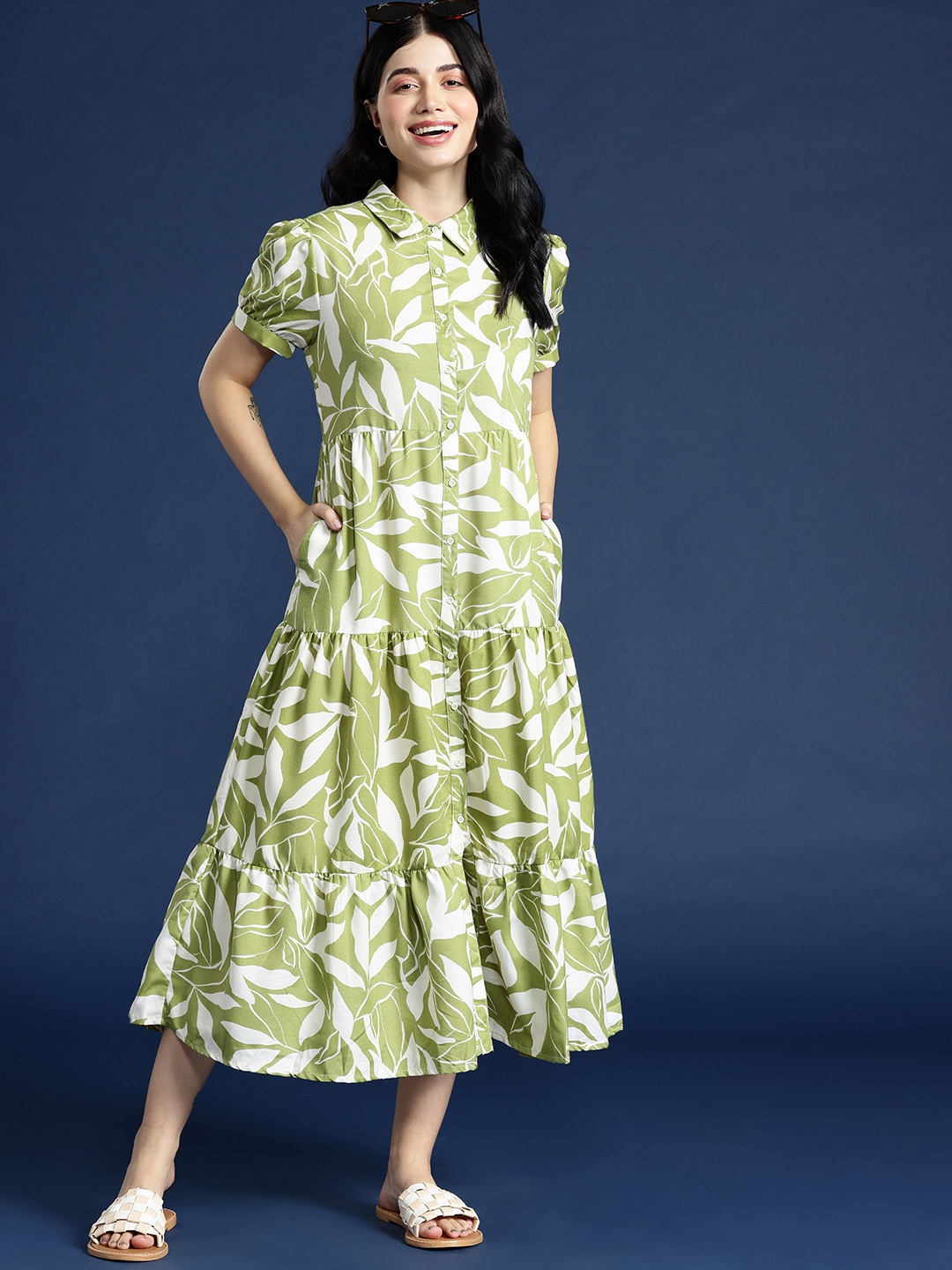 

Mast & Harbour Floral Print Tiered Shirt Midi Dress, Green