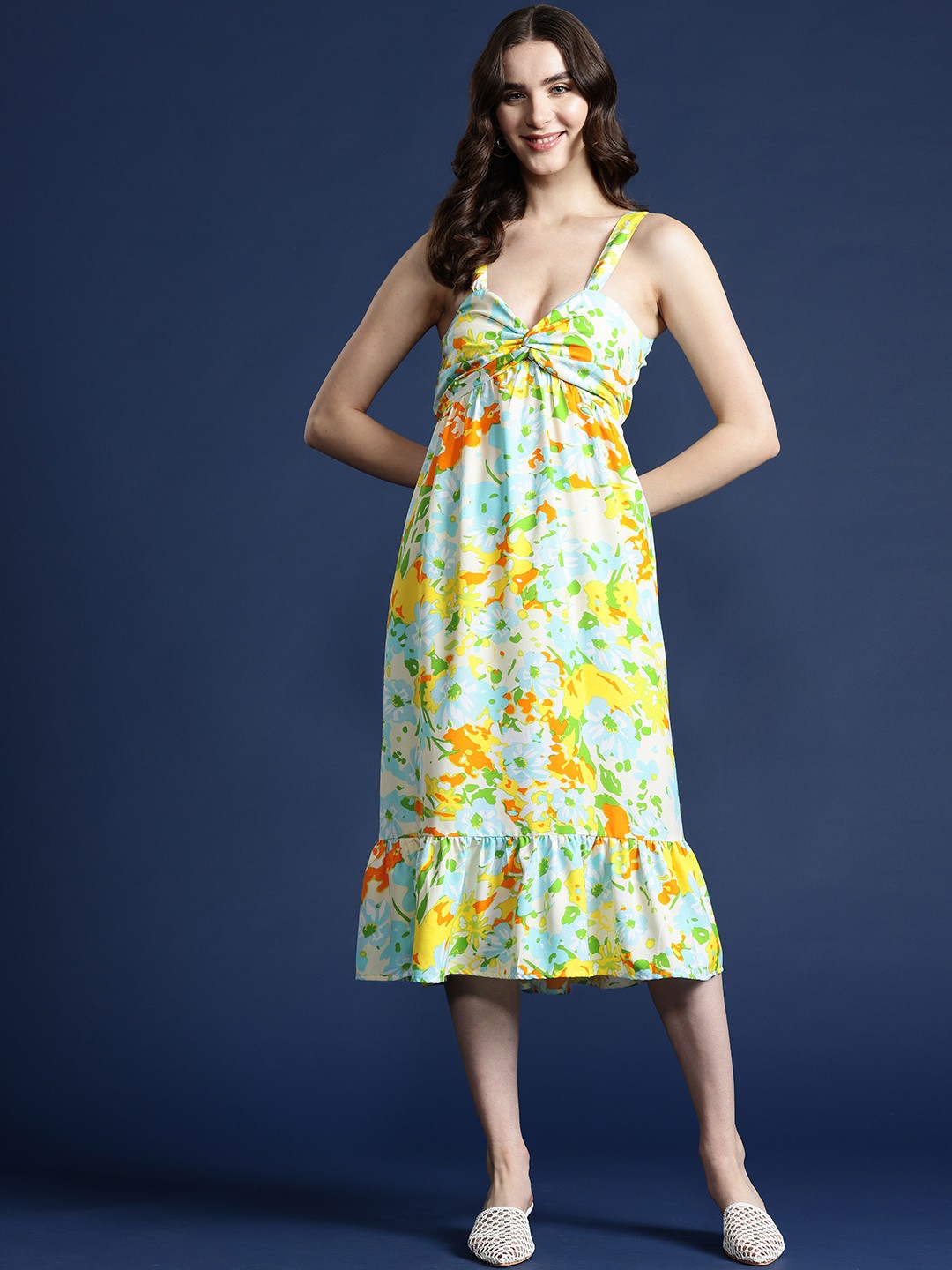 

Mast & Harbour Floral Print Cut-Out Back A-Line Midi Dress, Off white
