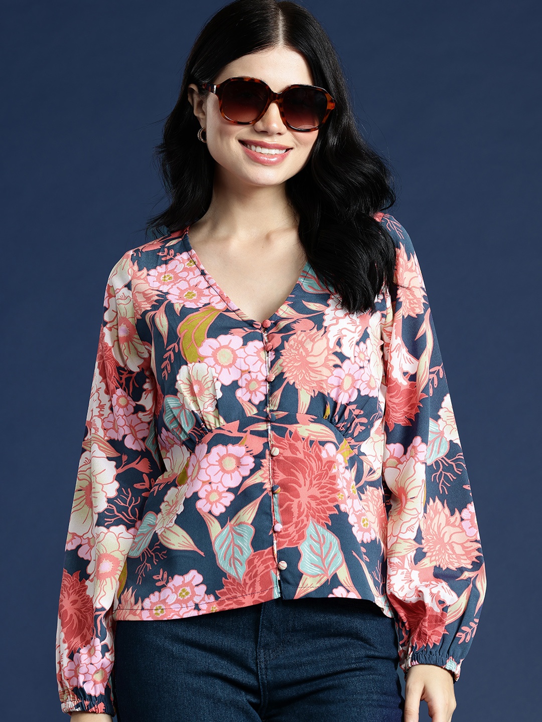 

Mast & Harbour Floral Printed Puff Sleeves Empire Top, Navy blue