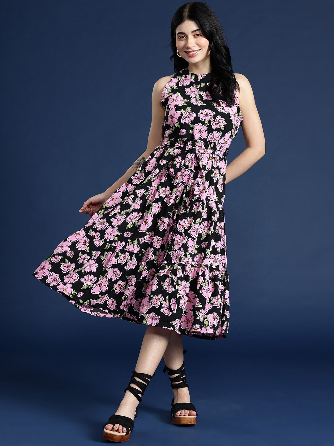 

Mast & Harbour Ditsy Floral Printed A-Line Tiered Belted Midi Dress, Black