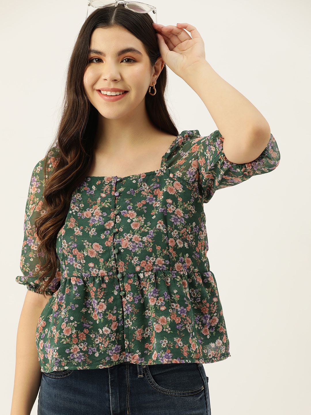 

Mast & Harbour Floral Print A-Line Top, Green