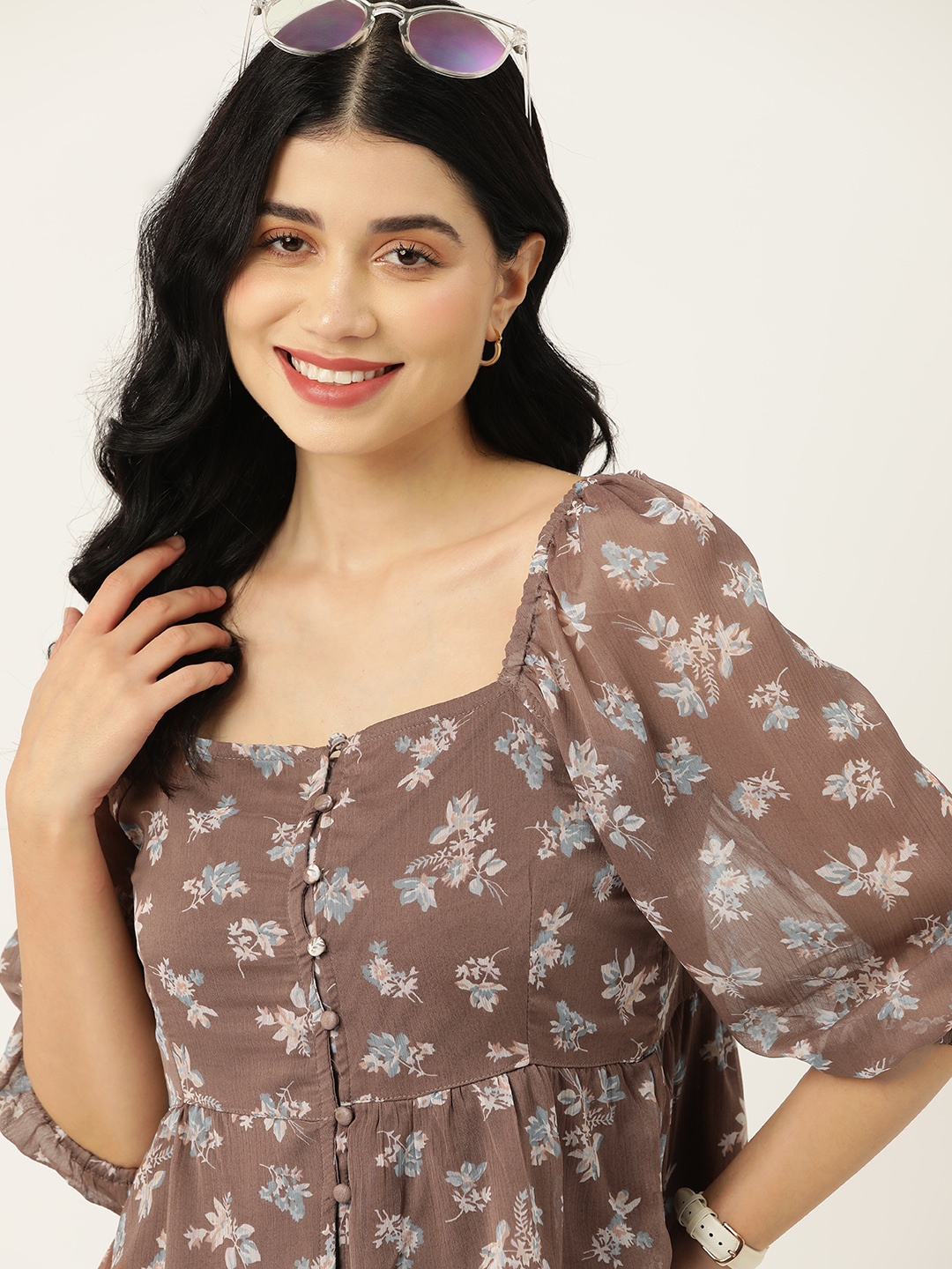 

Mast & Harbour Floral Print Sweetheart Neck Puff Sleeve Top, Taupe