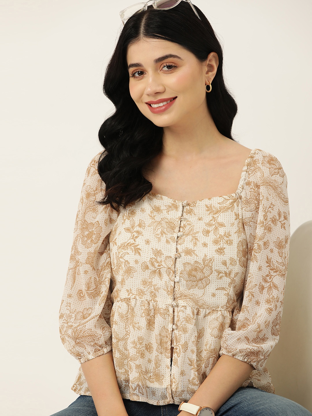 

Mast & Harbour Off White & Beige Print Sweetheart Neck Puff Sleeve Ethnic Top