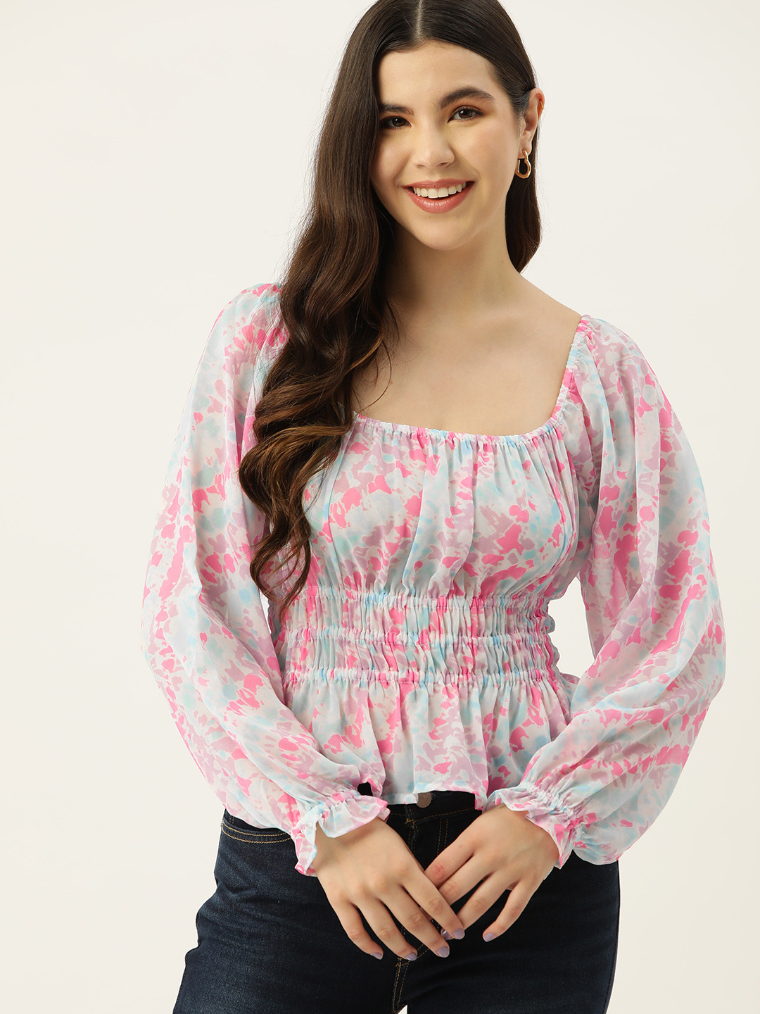 

Mast & Harbour Abstract Print Puff Sleeve Cinched Waist Top, White