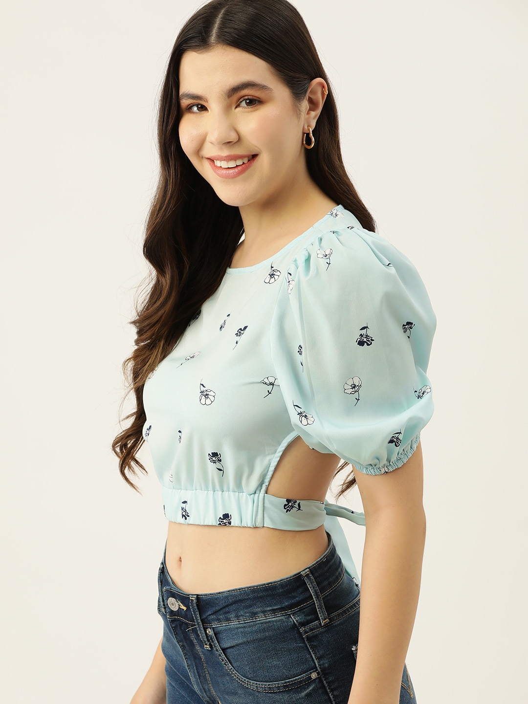 

Mast & Harbour Floral Print Blouson Crop Top, Blue