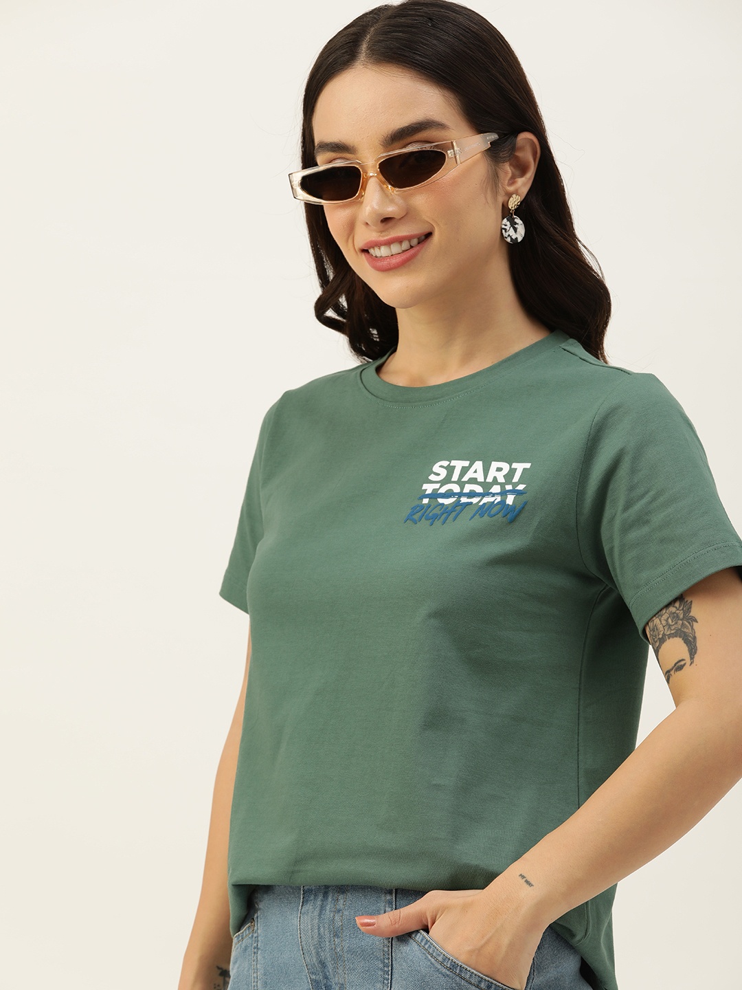 

Mast & Harbour Typography Printed Pure Cotton Applique T-shirt, Green