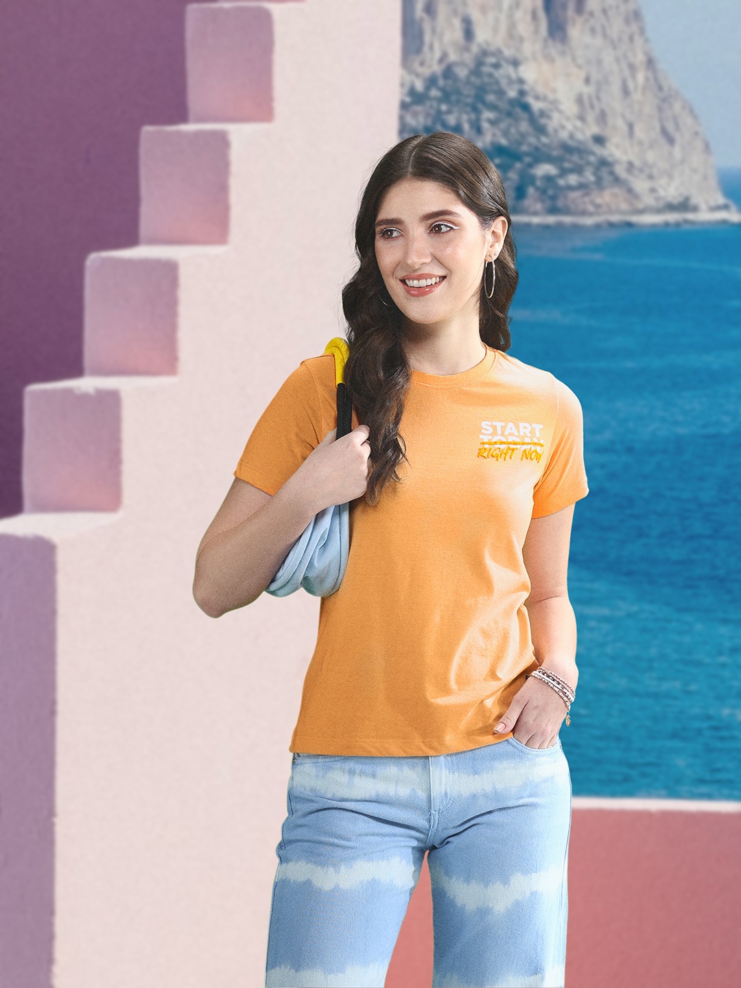 

Mast & Harbour Typography Printed Pure Cotton Applique T-shirt, Orange