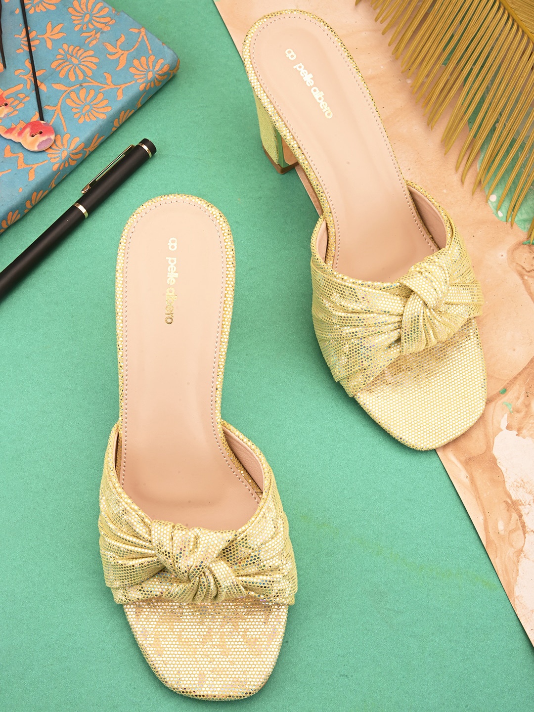 

pelle albero Embellished Open Toe Block Heels, Yellow