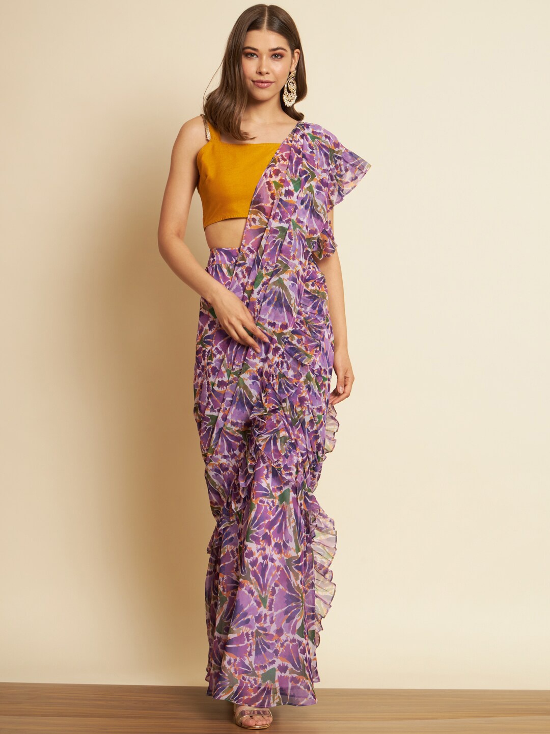 

THE FAB FACTORY Abstract Printed Ready to Wear Pure Georgette Saree, Lavender